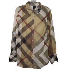Vintage Striped Plaid Sheer Button-Down Shirt Long Sleeves Pointed Collar Size M